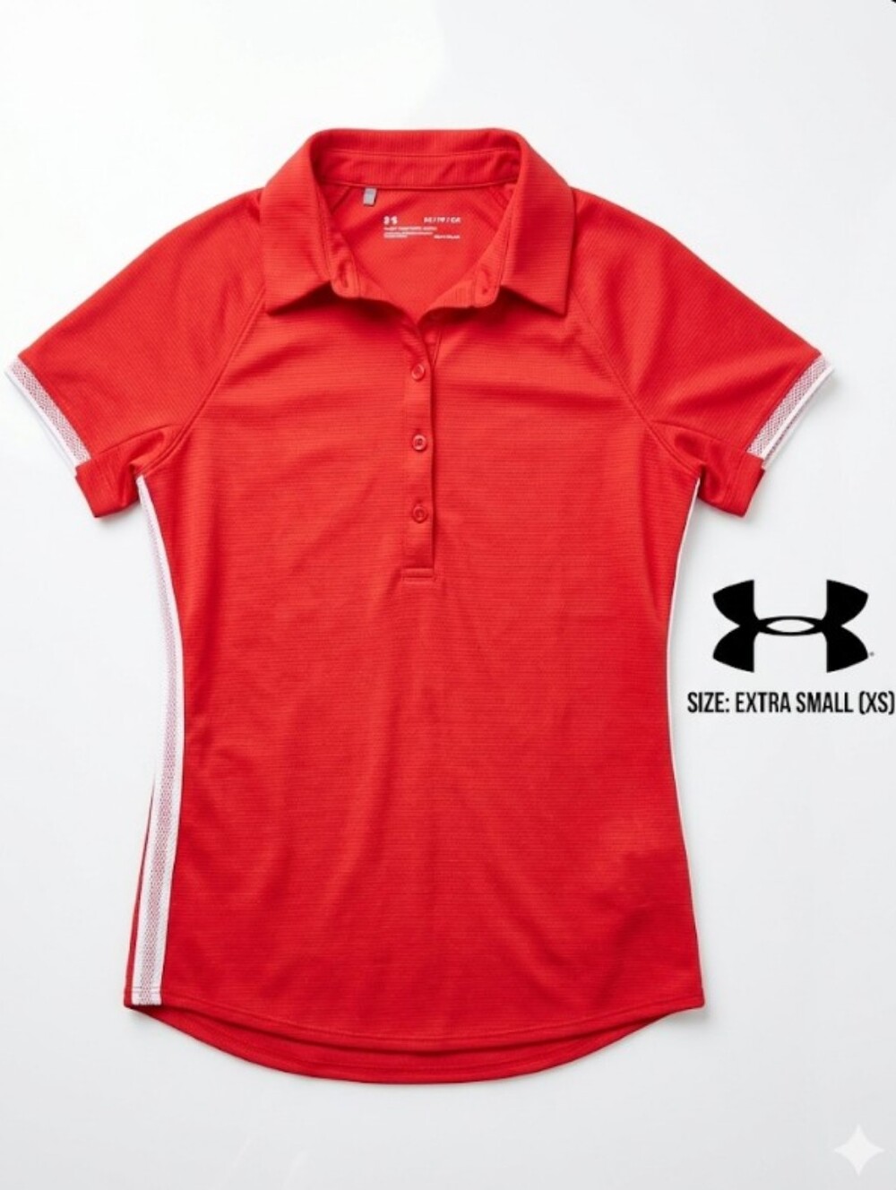Under Armour Women's Extra Small Red Polo Shirt Short Sleeve Mesh Stripe Golf